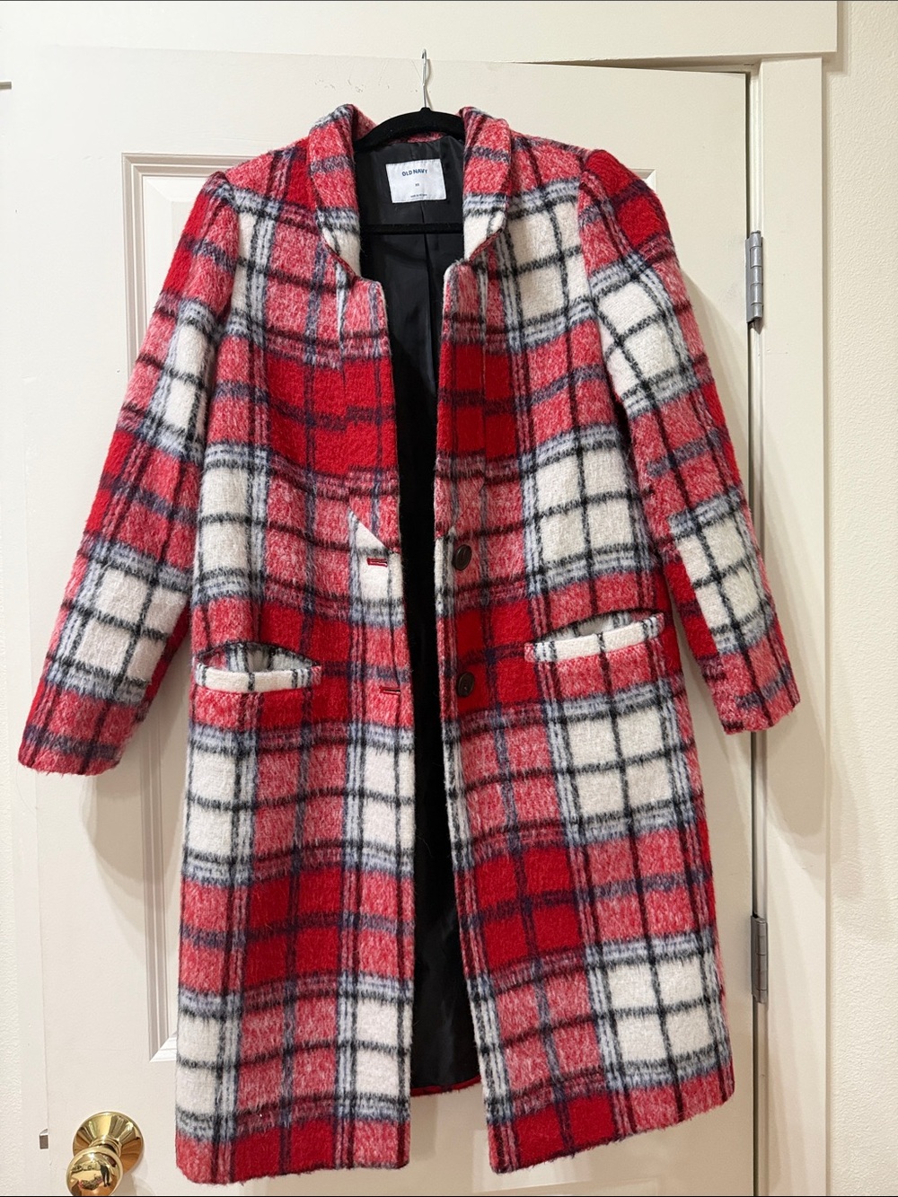 Old Navy Red and White Plaid Pea Coat
